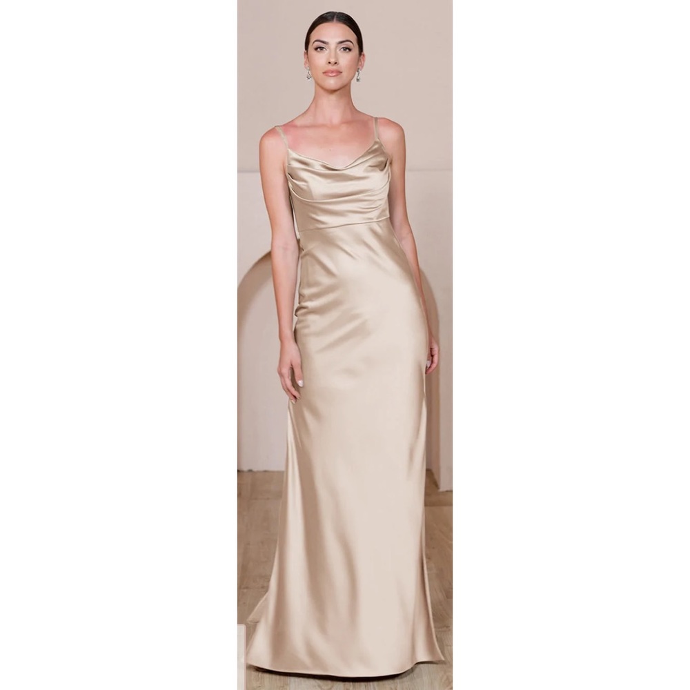 Revelry Gold Champagne Cowl Neck Skye Satin Bridesmaids Dress EUC Size 0